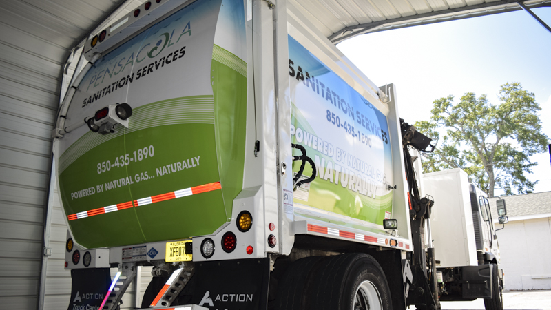 Garbage truck fleet graphics for Pensacola Sanitation - signgeek fleet wraps and graphics