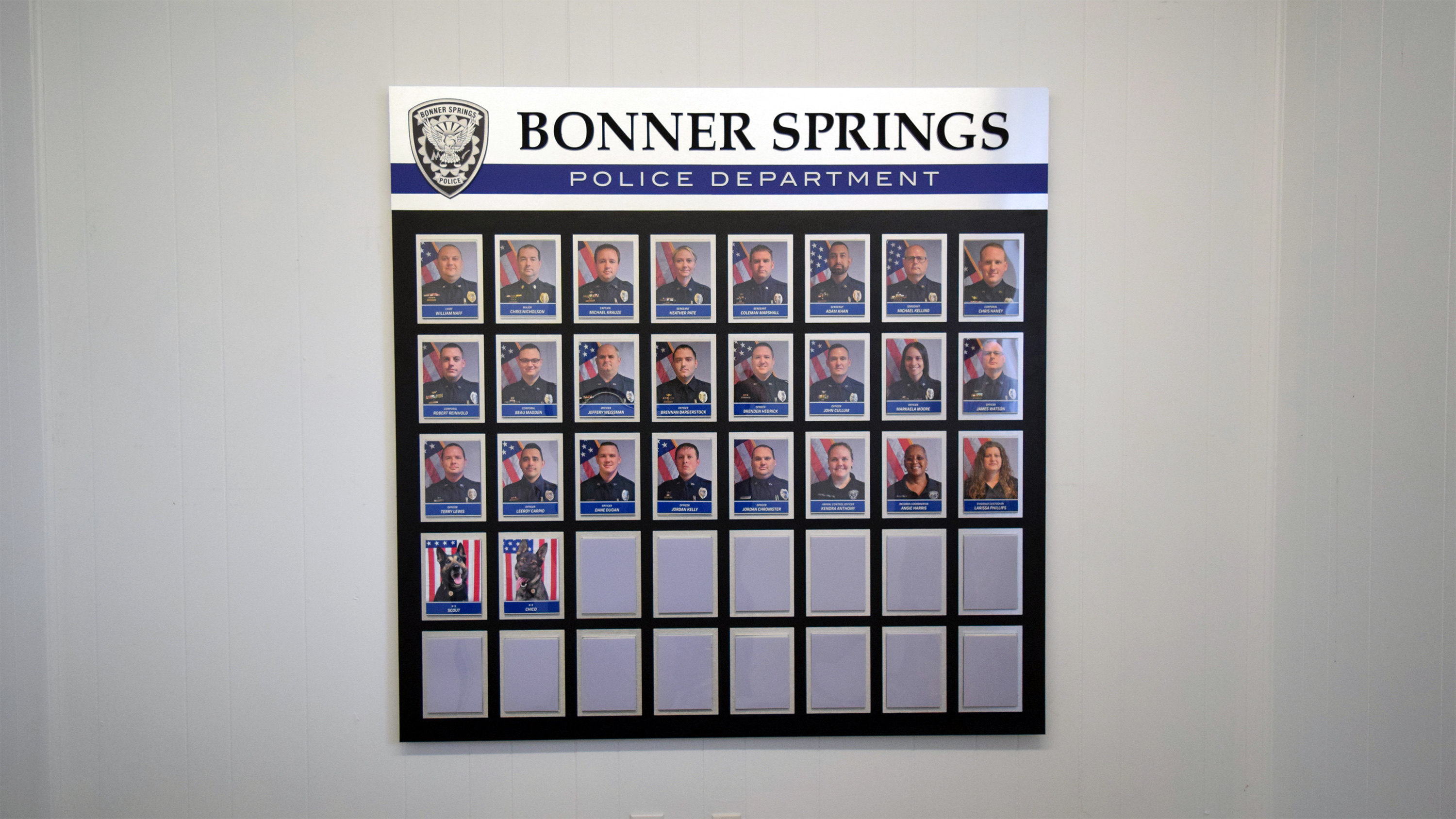 Employee recognition wall for Bonner Springs Police Department