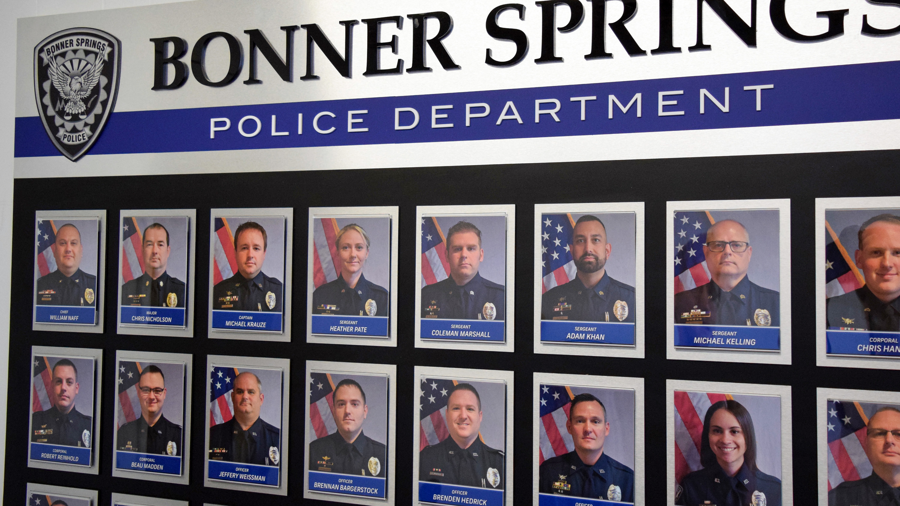 Employee photo wall for Bonner Springs Police Department