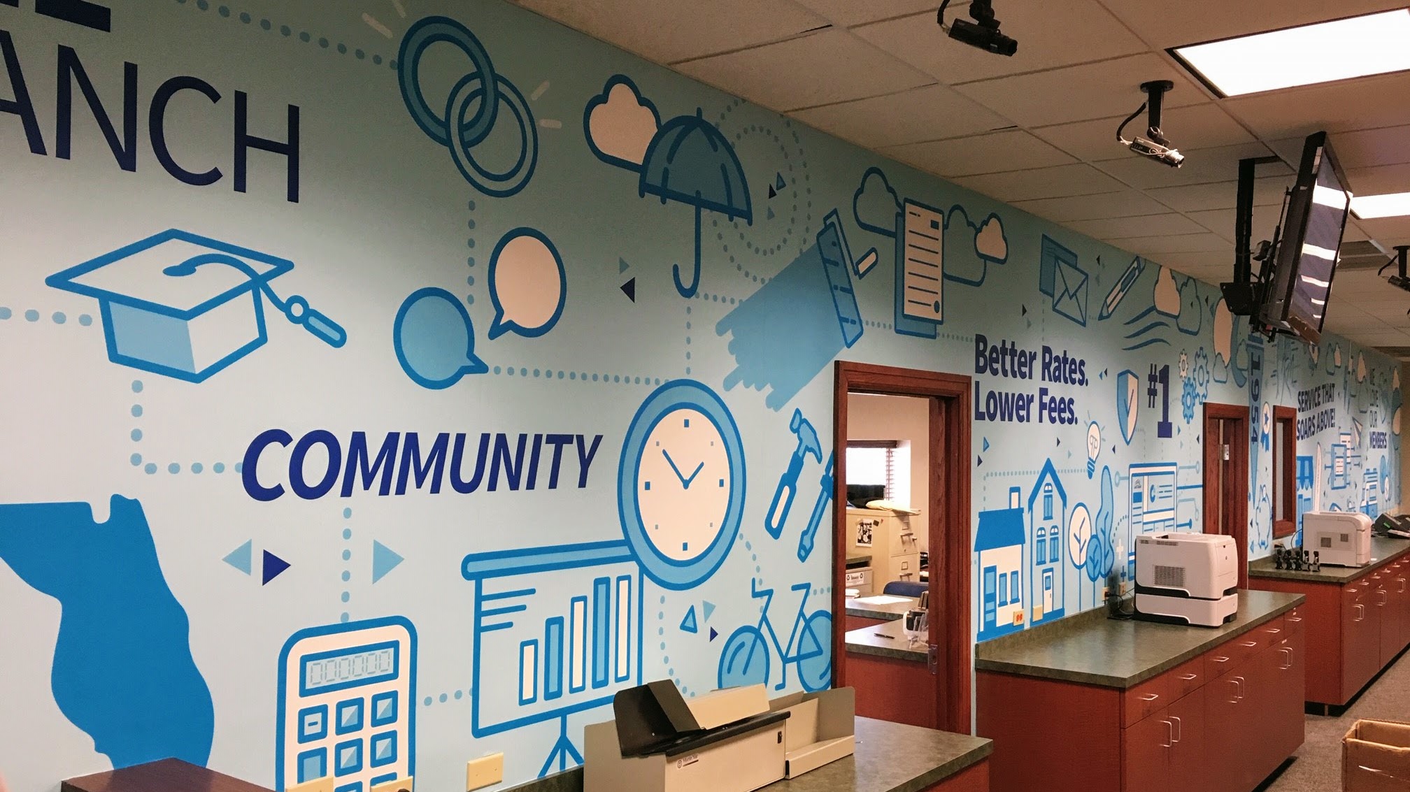 Wall wrap in credit union lobby - signgeek Wall Wraps, Custom Wallpapers 