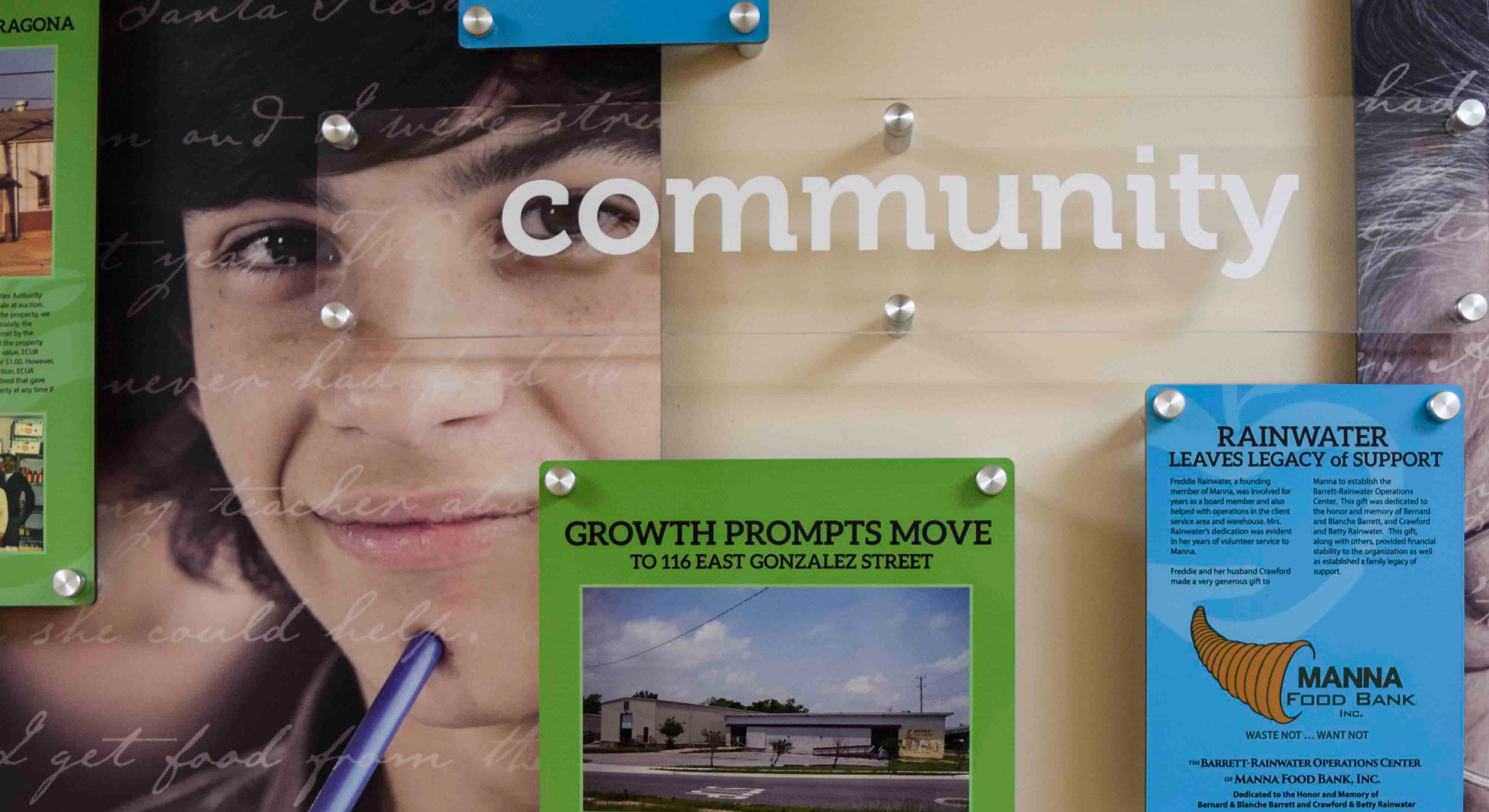 Branded history donor recognition wall at Manna Food Pantries Center for Hope - Signgeek Branded Environments