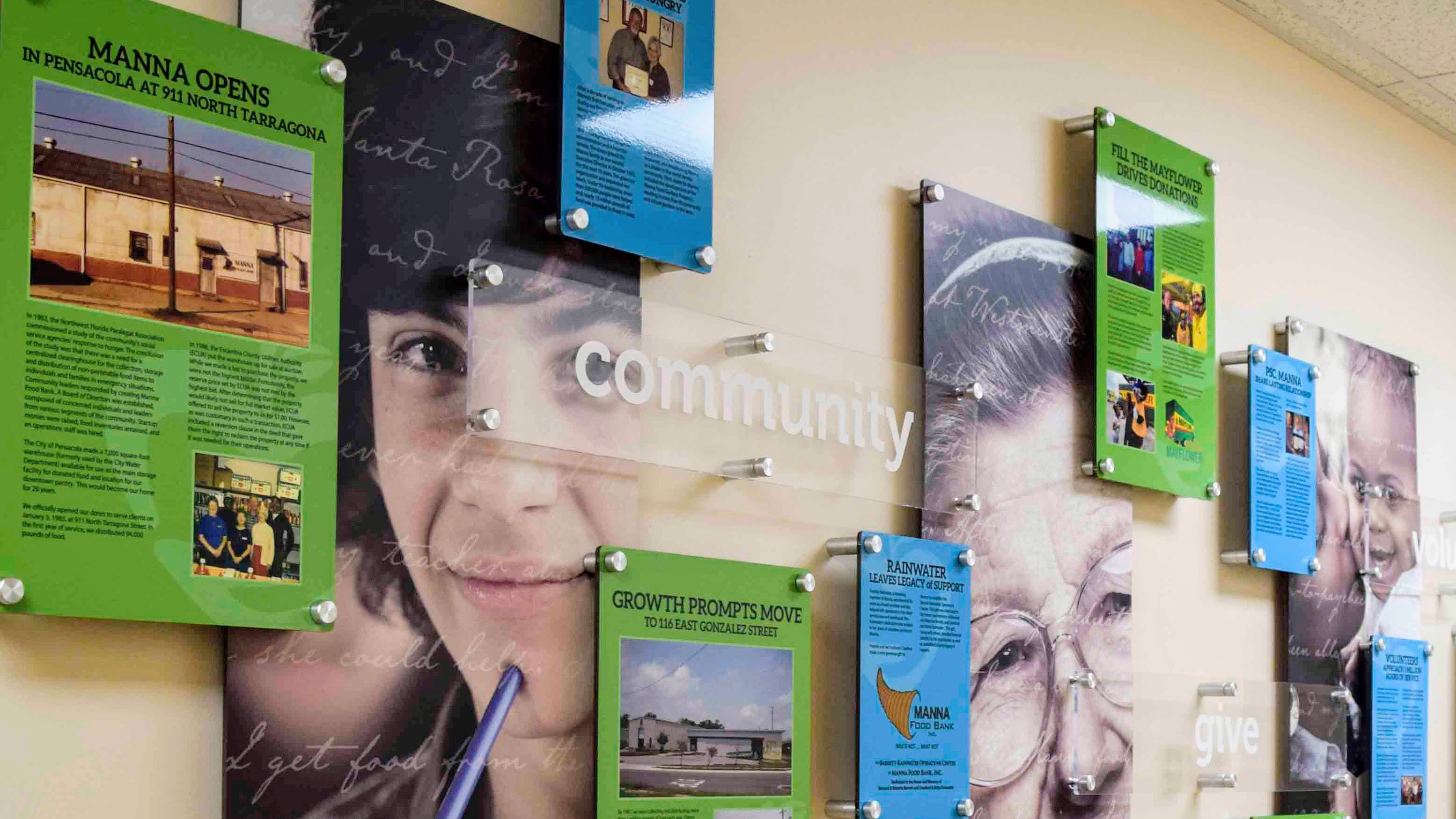 Donor recognition wall at Manna Food Pantries