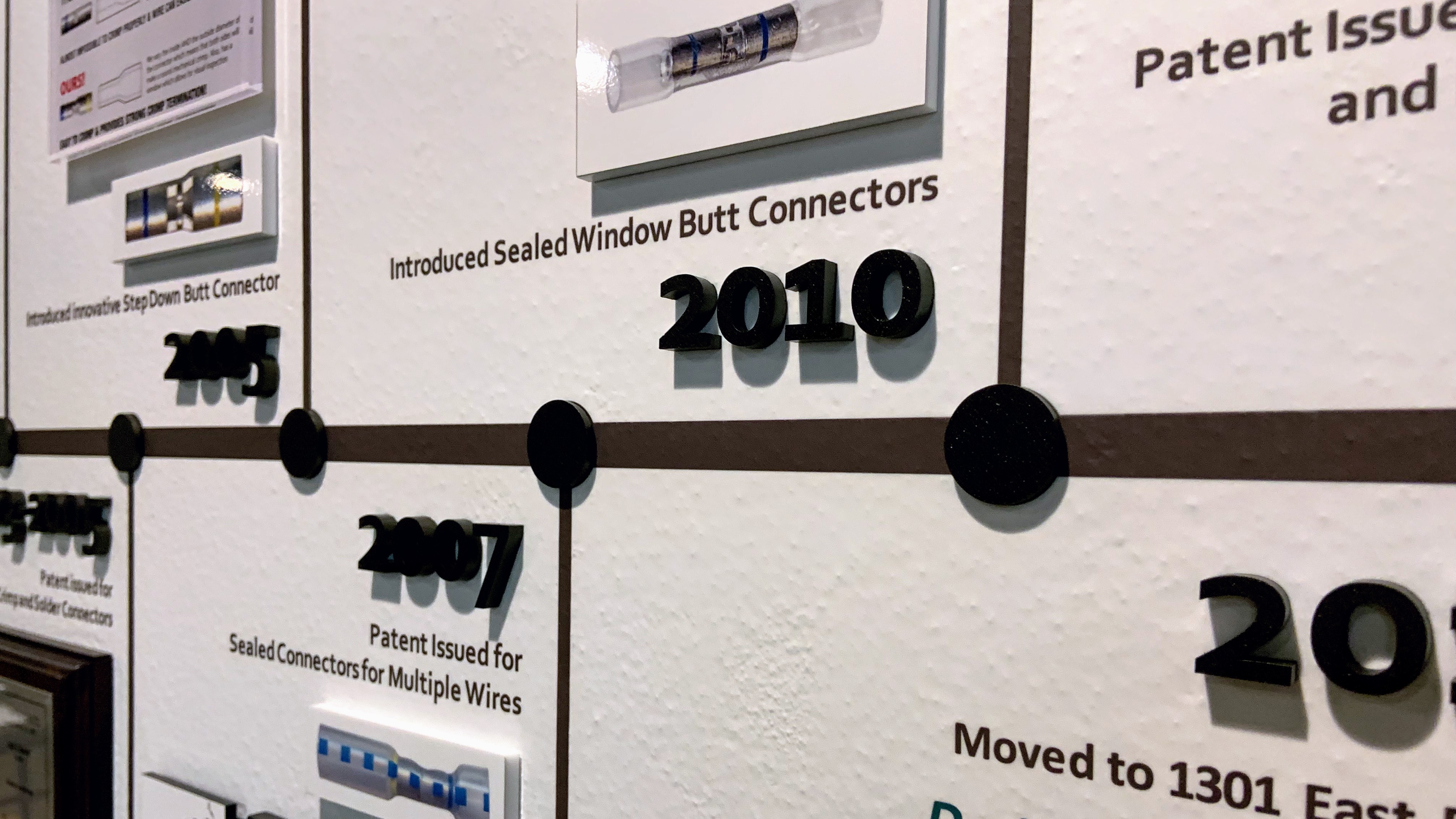 Company timeline wall exhibit in NSPA showroom - signgeek historical timelines 