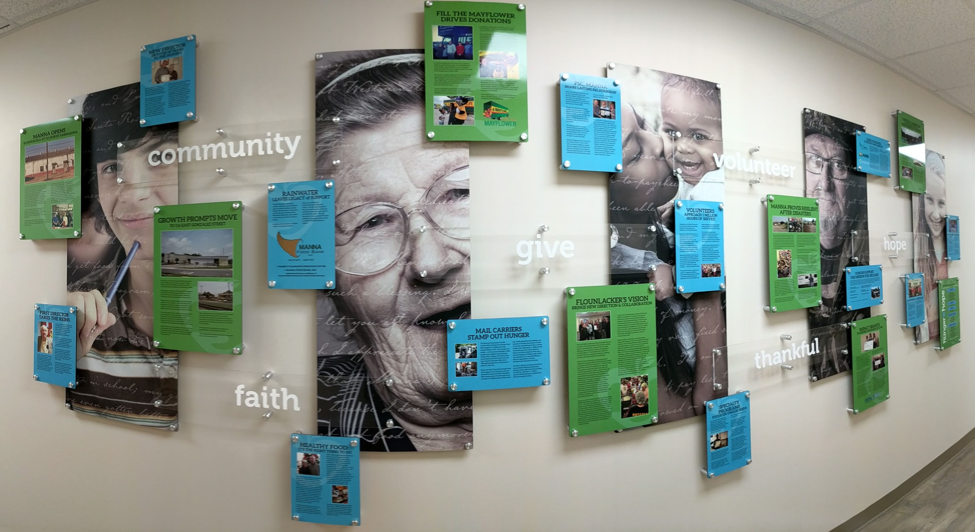 Donor wall with company values for Manna Food Pantries branded interior - Signgeek Branded Environments 