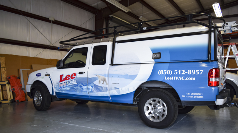 Vinyl wraps on new work truck for LEE HVAC - signgeek Fleet Wraps & Graphics