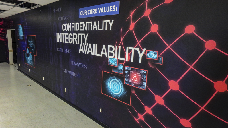 Brand values wall wrap incorporating dimensional letters - Signgeek Environmental Graphics 