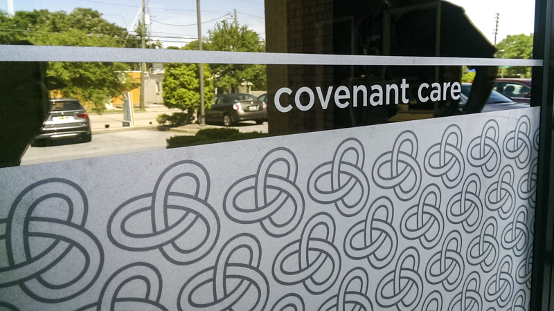 Frosted logo window graphics for Covenant Care - Signgeek Environmental Graphics 