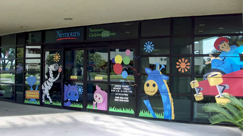 Illustrative window decals for Nemours Children's Clinic - Signgeek Environmental Graphics 