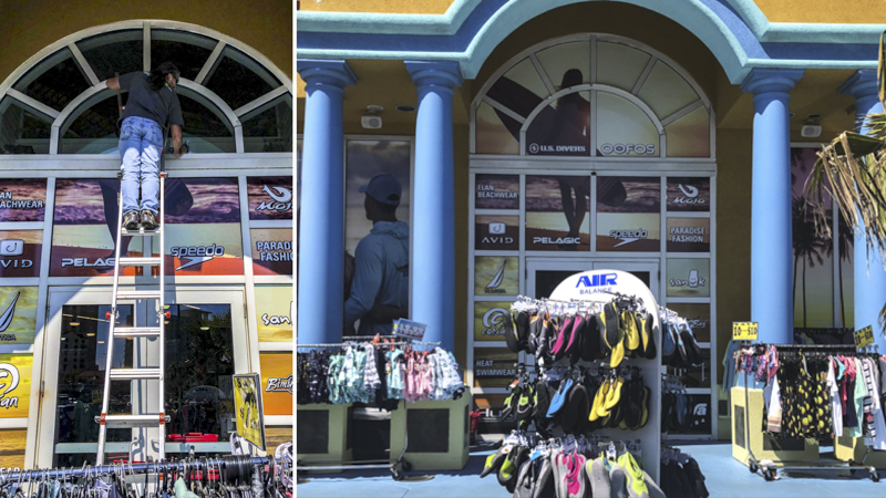 Display window graphics at Waves on Pensacola Beach - Signgeek Environmental Graphics 